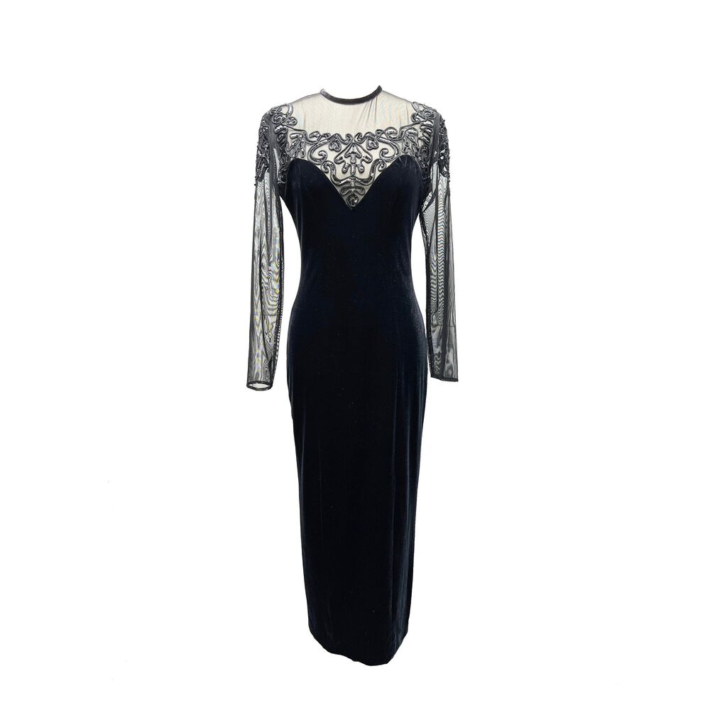 Vintage Tom Barra Elegant Glam Black Velvet & Mesh Evening Gown